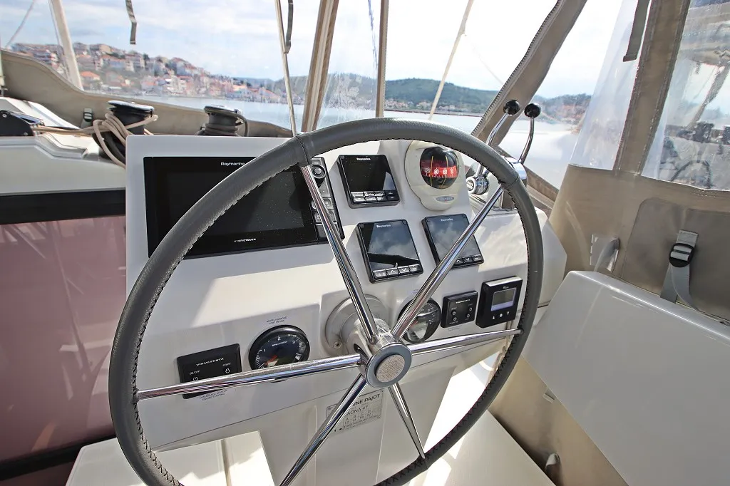 Cockpit of Felicia, a Fountaine Pajot Saona 47 Quintet catamaran at Općina Rogoznica, Croatia