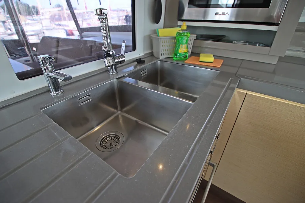 Galley of Felicia, a Fountaine Pajot Saona 47 Quintet catamaran at Općina Rogoznica, Croatia