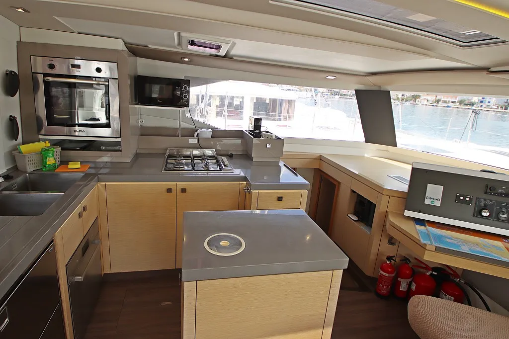 Galley of Felicia, a Fountaine Pajot Saona 47 Quintet catamaran at Općina Rogoznica, Croatia