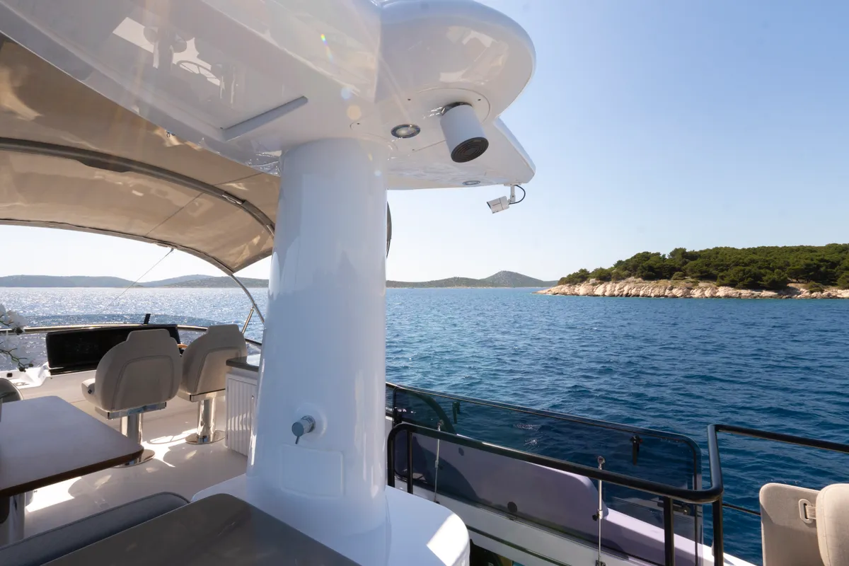 Deck of Olivia, a Azimut Magellano 60 motorboat at Grad Šibenik, Croatia