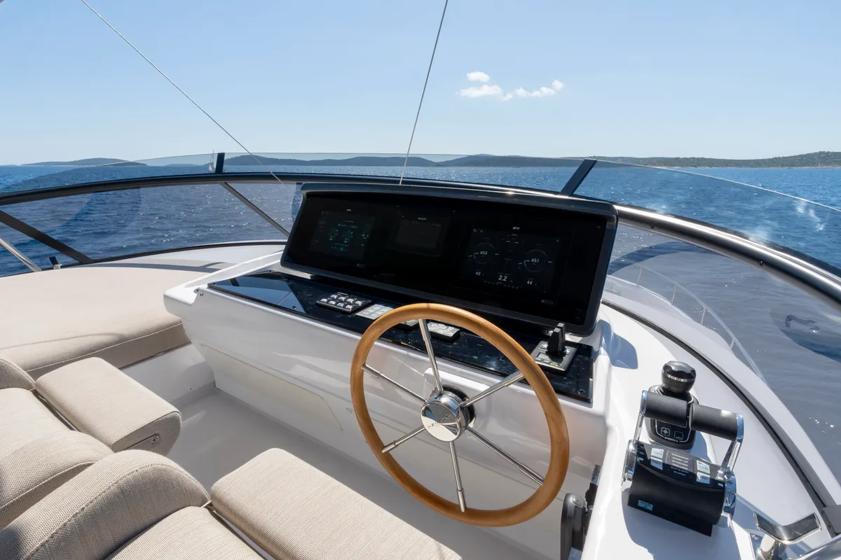 Cockpit of Olivia, a Azimut Magellano 60 motorboat at Grad Šibenik, Croatia