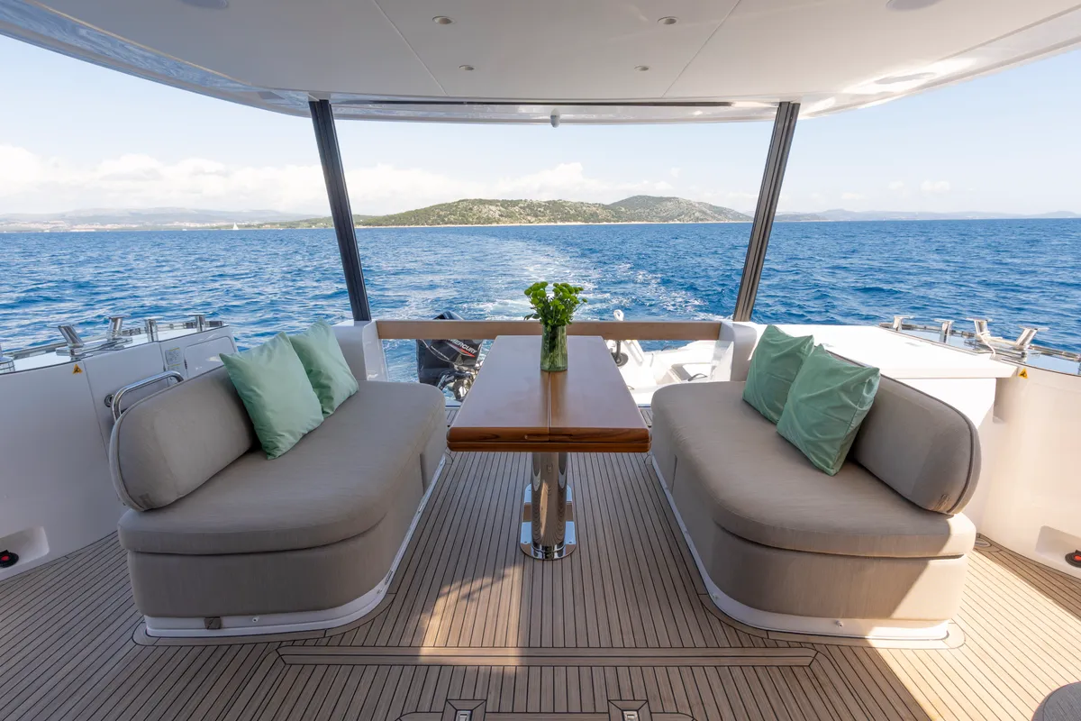 Deck of Olivia, a Azimut Magellano 60 motorboat at Grad Šibenik, Croatia