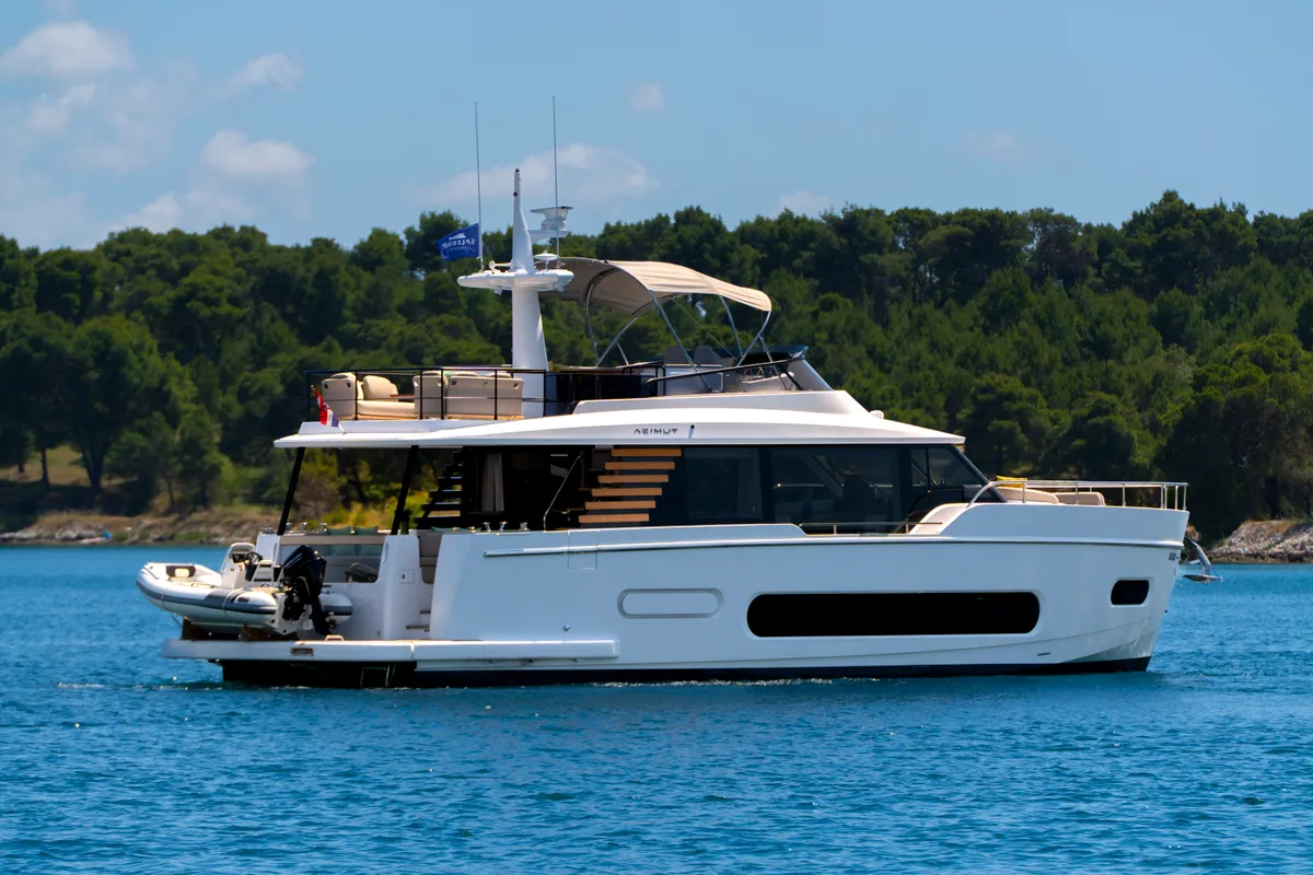 Exterior view of Olivia, a Azimut Magellano 60 motorboat at Grad Šibenik, Croatia