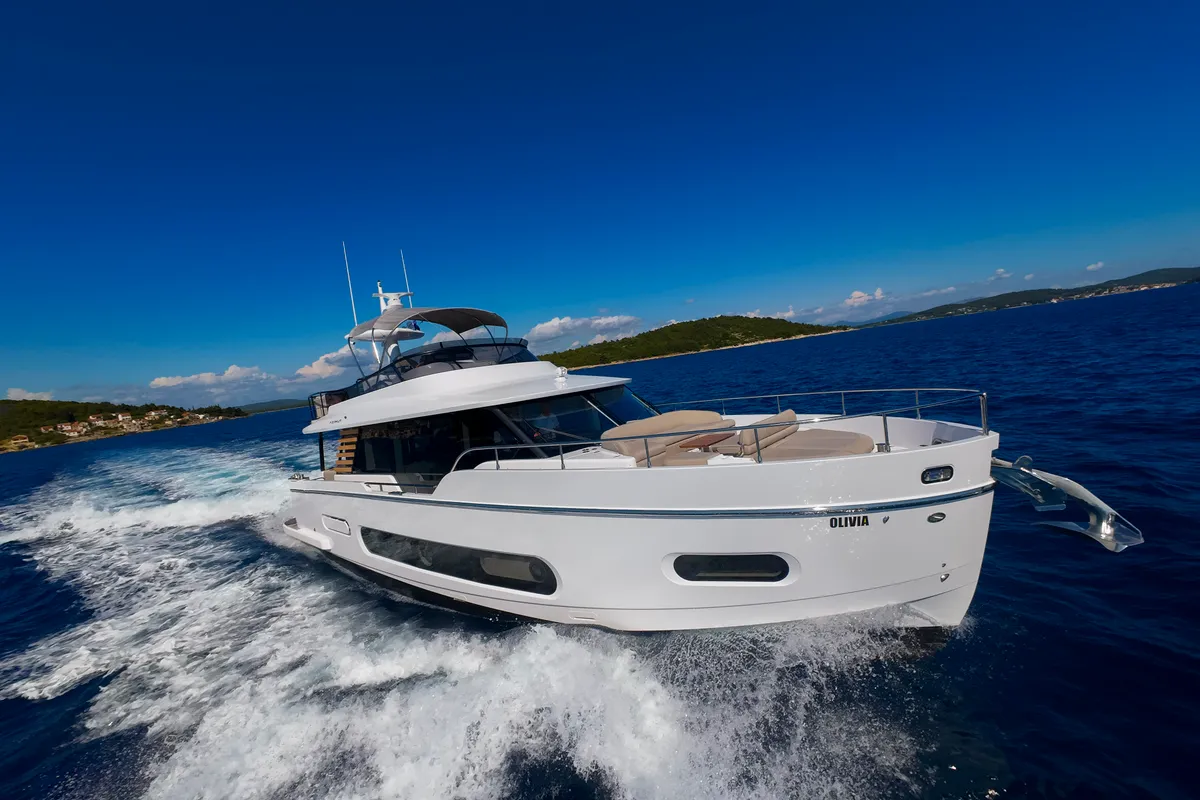Exterior view of Olivia, a Azimut Magellano 60 motorboat at Grad Šibenik, Croatia
