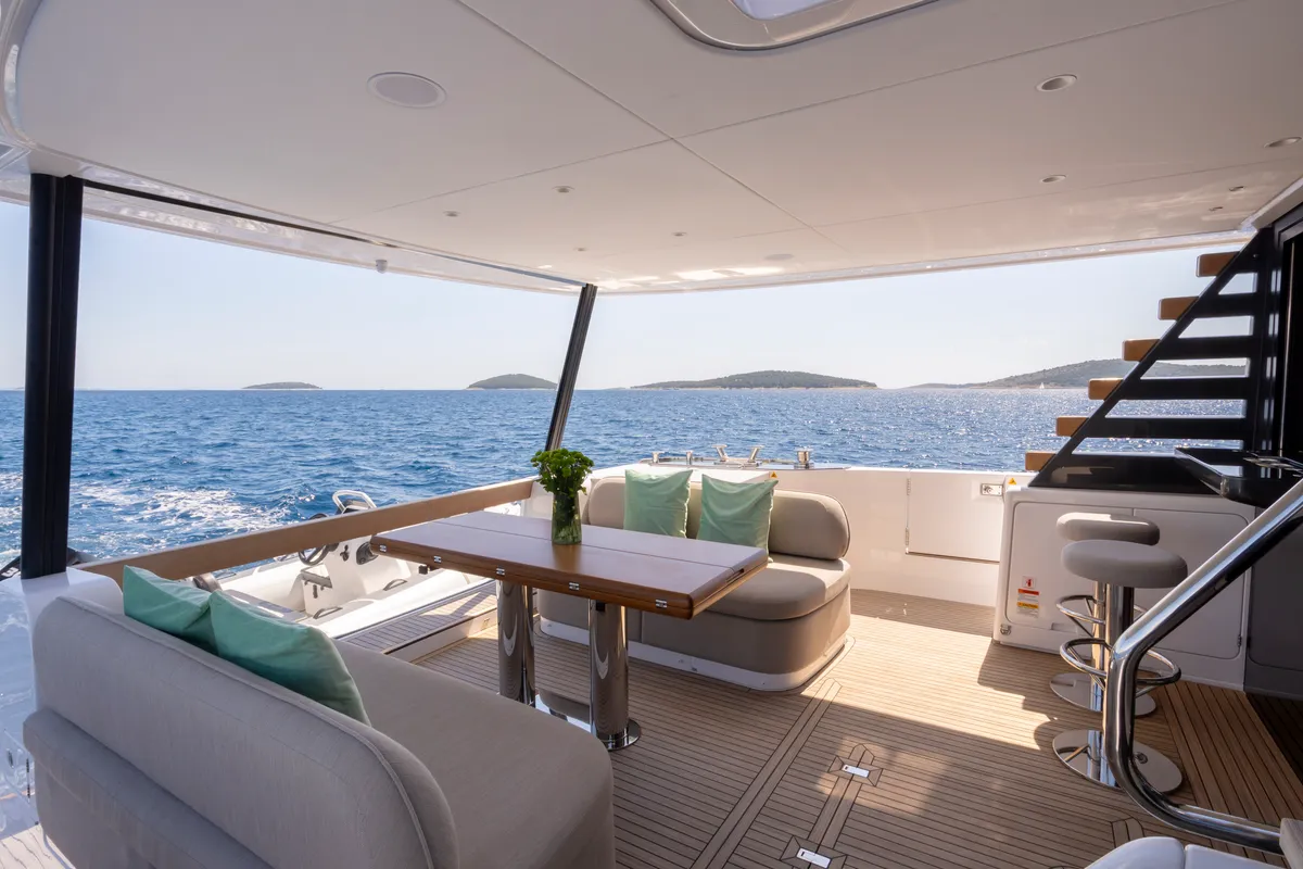 Deck of Olivia, a Azimut Magellano 60 motorboat at Grad Šibenik, Croatia