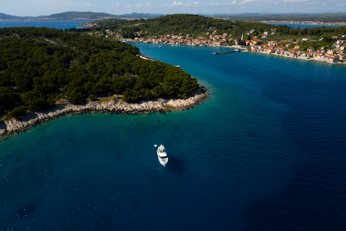 Exterior view of Olivia, a Azimut Magellano 60 motorboat at Grad Šibenik, Croatia