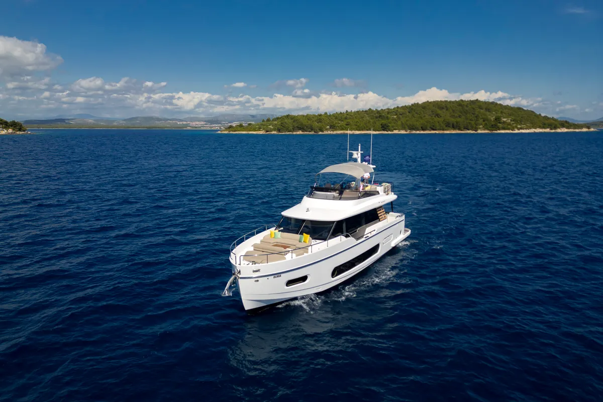 Exterior view of Olivia, a Azimut Magellano 60 motorboat at Grad Šibenik, Croatia
