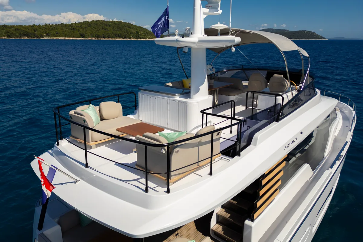 Deck of Olivia, a Azimut Magellano 60 motorboat at Grad Šibenik, Croatia