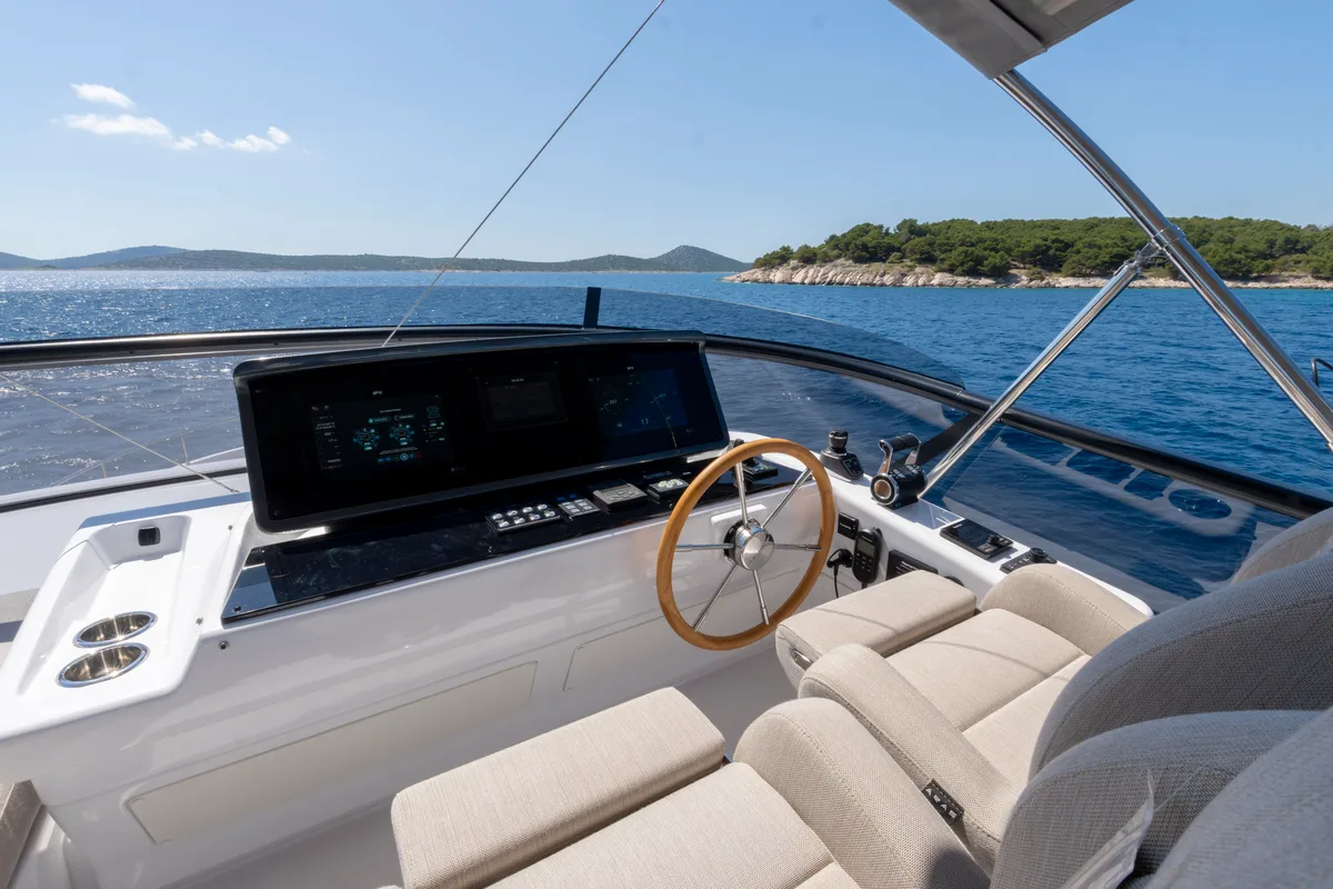 Cockpit of Olivia, a Azimut Magellano 60 motorboat at Grad Šibenik, Croatia