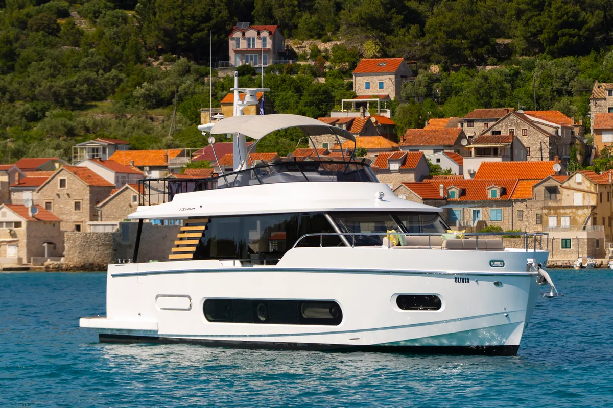 Exterior view of Olivia, a Azimut Magellano 60 motorboat at Grad Šibenik, Croatia