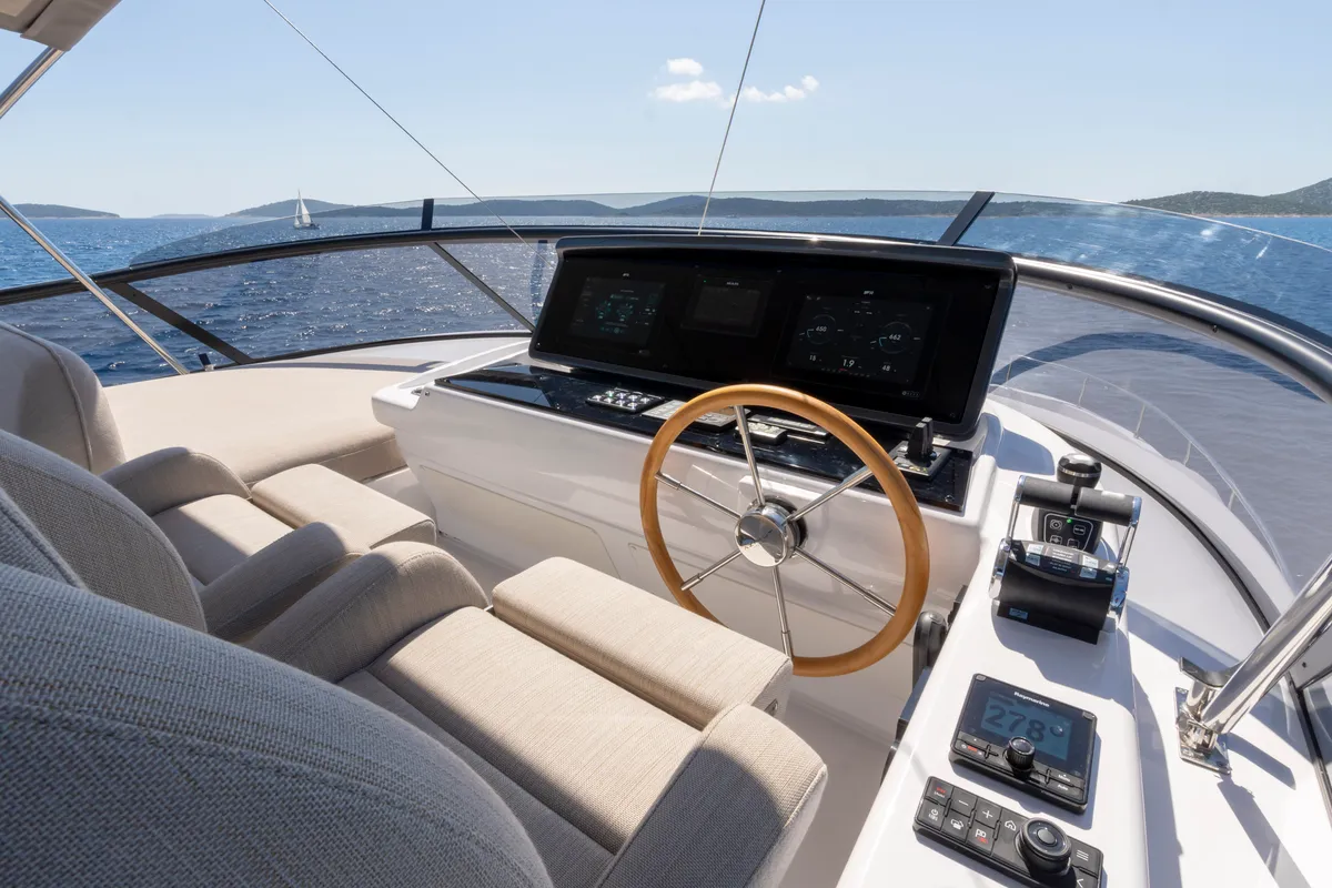 Cockpit of Olivia, a Azimut Magellano 60 motorboat at Grad Šibenik, Croatia