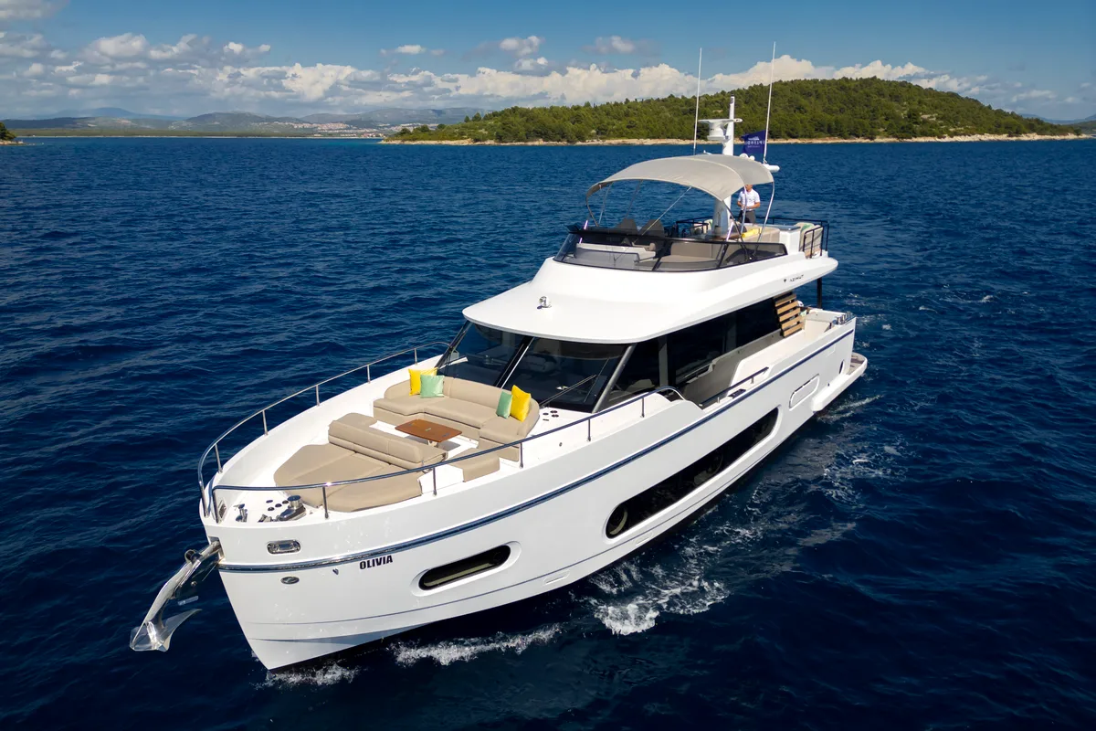 Exterior view of Olivia, a Azimut Magellano 60 motorboat at Grad Šibenik, Croatia