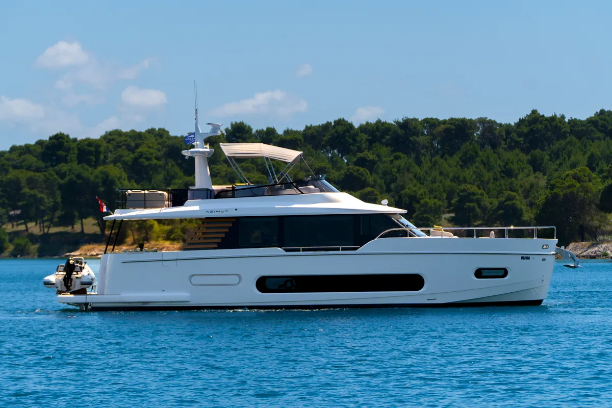 Exterior view of Olivia, a Azimut Magellano 60 motorboat at Grad Šibenik, Croatia