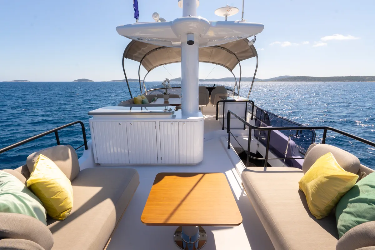 Deck of Olivia, a Azimut Magellano 60 motorboat at Grad Šibenik, Croatia