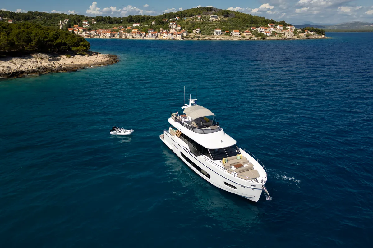 Exterior view of Olivia, a Azimut Magellano 60 motorboat at Grad Šibenik, Croatia