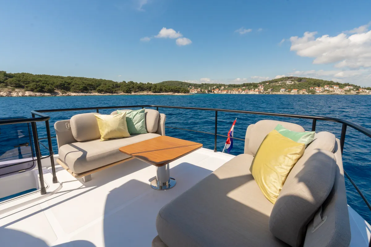 Deck of Olivia, a Azimut Magellano 60 motorboat at Grad Šibenik, Croatia
