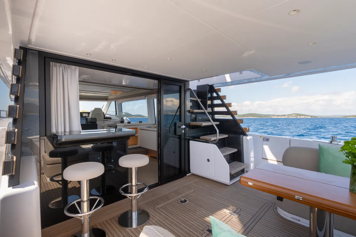 Deck of Olivia, a Azimut Magellano 60 motorboat at Grad Šibenik, Croatia