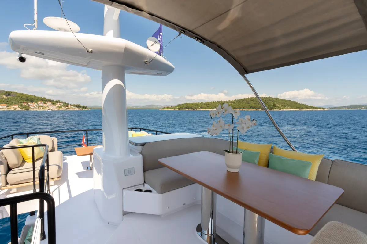 Deck of Olivia, a Azimut Magellano 60 motorboat at Grad Šibenik, Croatia