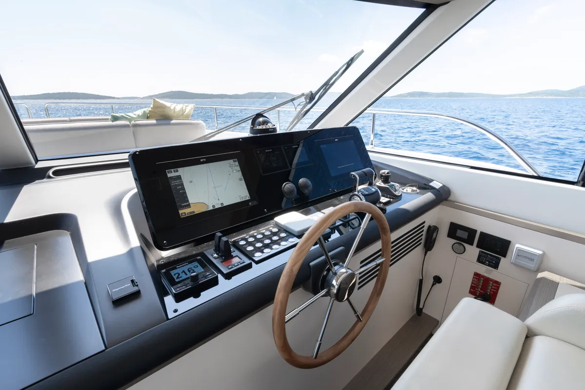 Cockpit of Olivia, a Azimut Magellano 60 motorboat at Grad Šibenik, Croatia