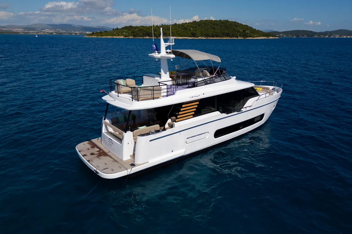 Exterior view of Olivia, a Azimut Magellano 60 motorboat at Grad Šibenik, Croatia