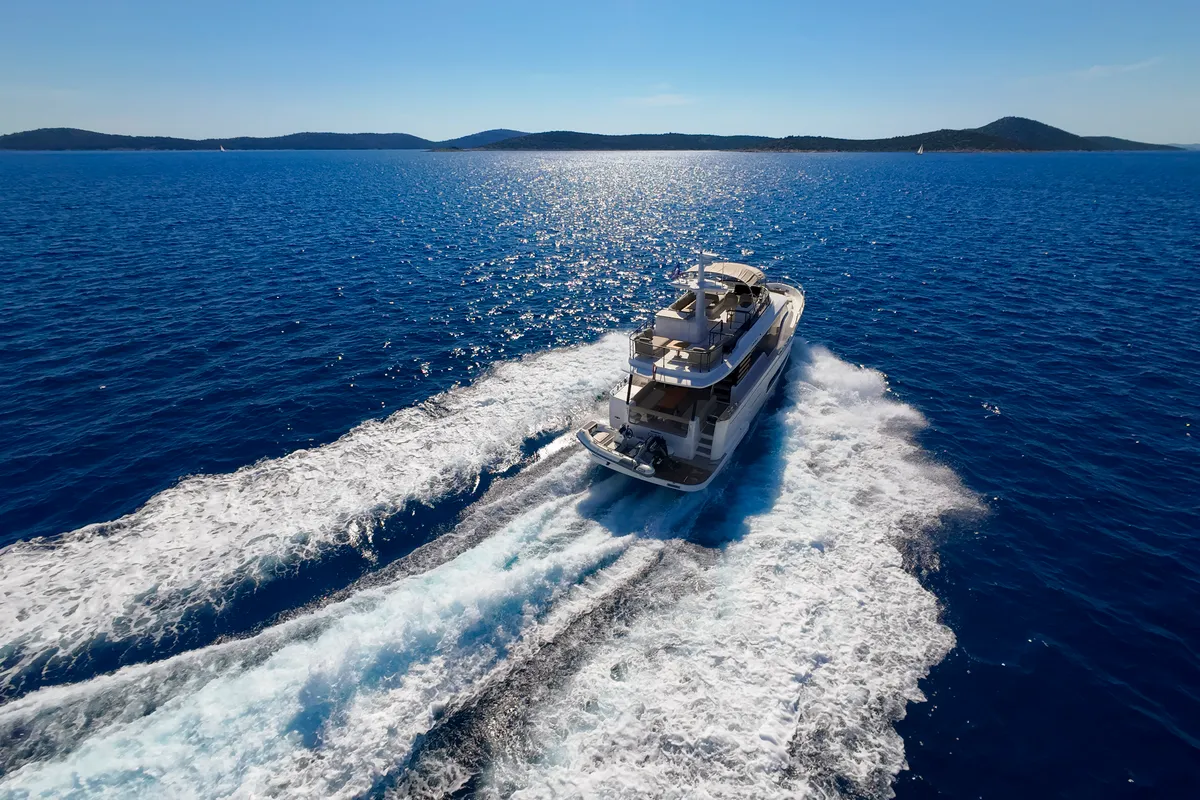 Exterior view of Olivia, a Azimut Magellano 60 motorboat at Grad Šibenik, Croatia