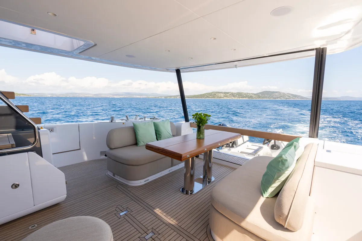 Deck of Olivia, a Azimut Magellano 60 motorboat at Grad Šibenik, Croatia