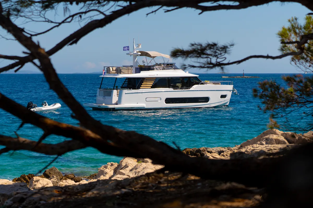 Exterior view of Olivia, a Azimut Magellano 60 motorboat at Grad Šibenik, Croatia