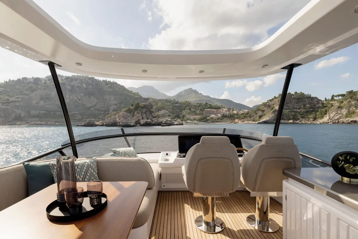 Cockpit of Olivia, a Azimut Magellano 60 motorboat at Grad Šibenik, Croatia