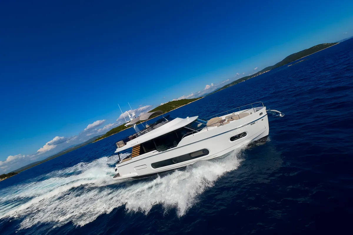 Exterior view of Olivia, a Azimut Magellano 60 motorboat at Grad Šibenik, Croatia
