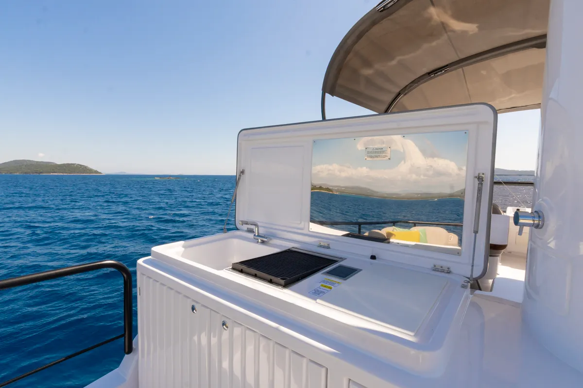 Deck of Olivia, a Azimut Magellano 60 motorboat at Grad Šibenik, Croatia