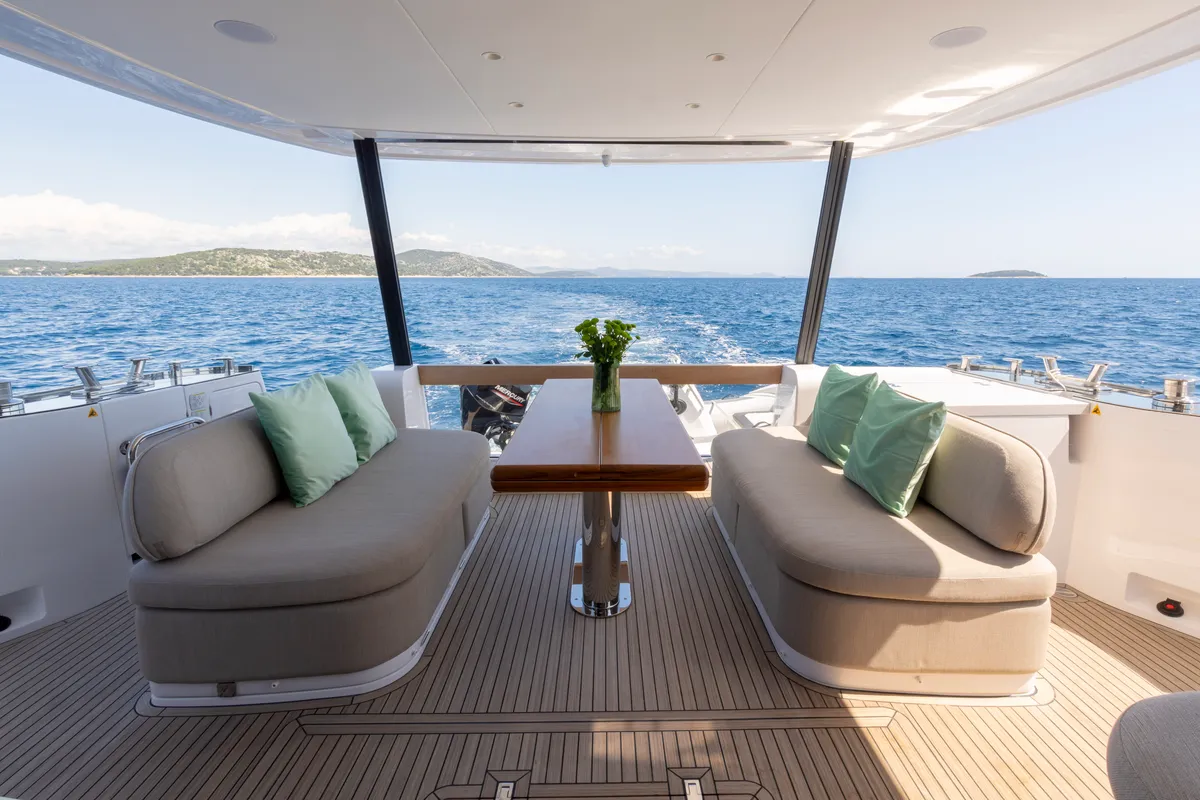 Deck of Olivia, a Azimut Magellano 60 motorboat at Grad Šibenik, Croatia