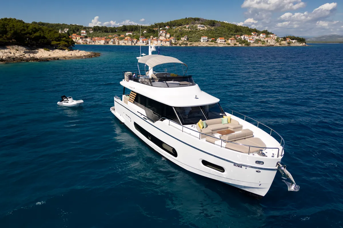 Exterior view of Olivia, a Azimut Magellano 60 motorboat at Grad Šibenik, Croatia