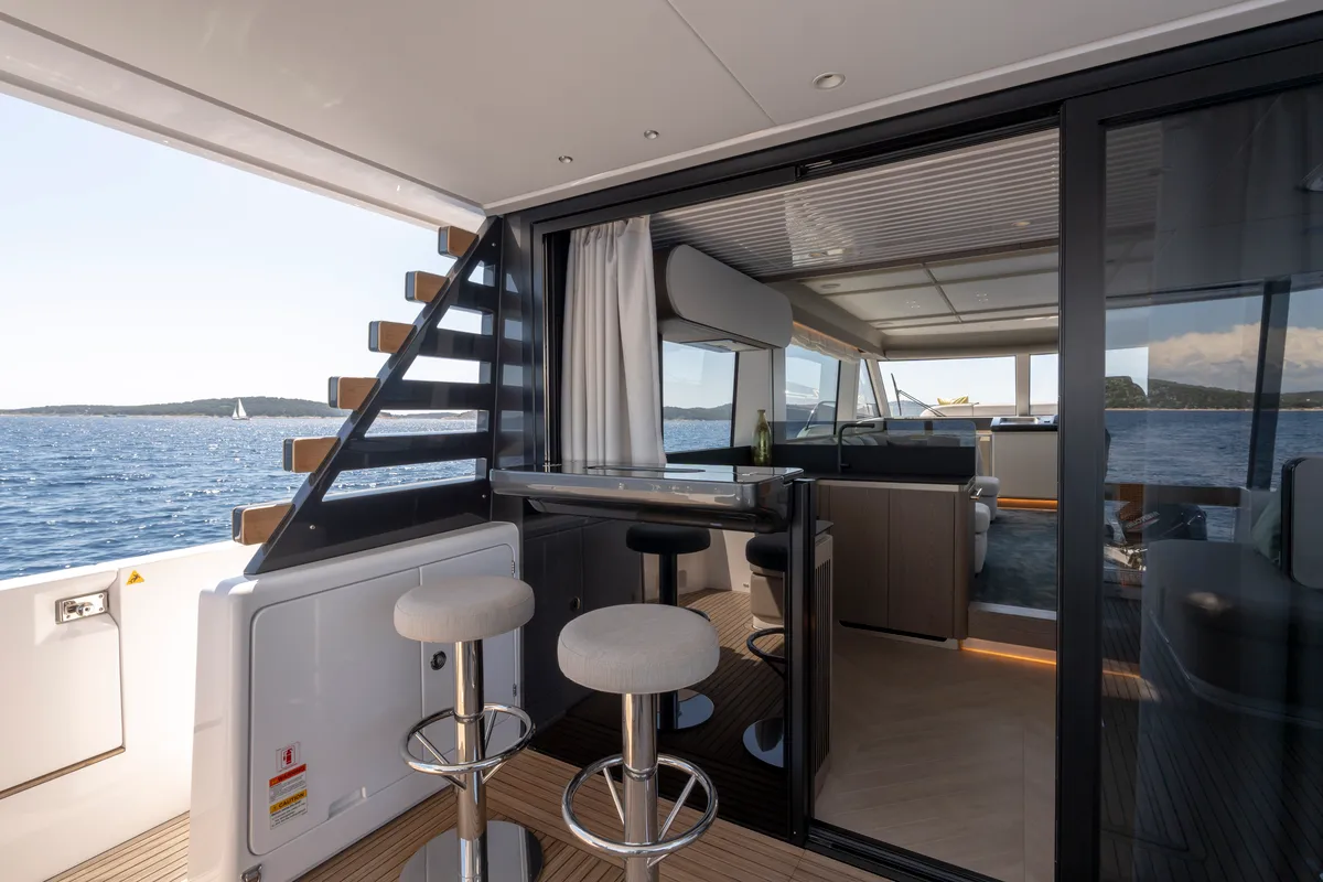 Deck of Olivia, a Azimut Magellano 60 motorboat at Grad Šibenik, Croatia