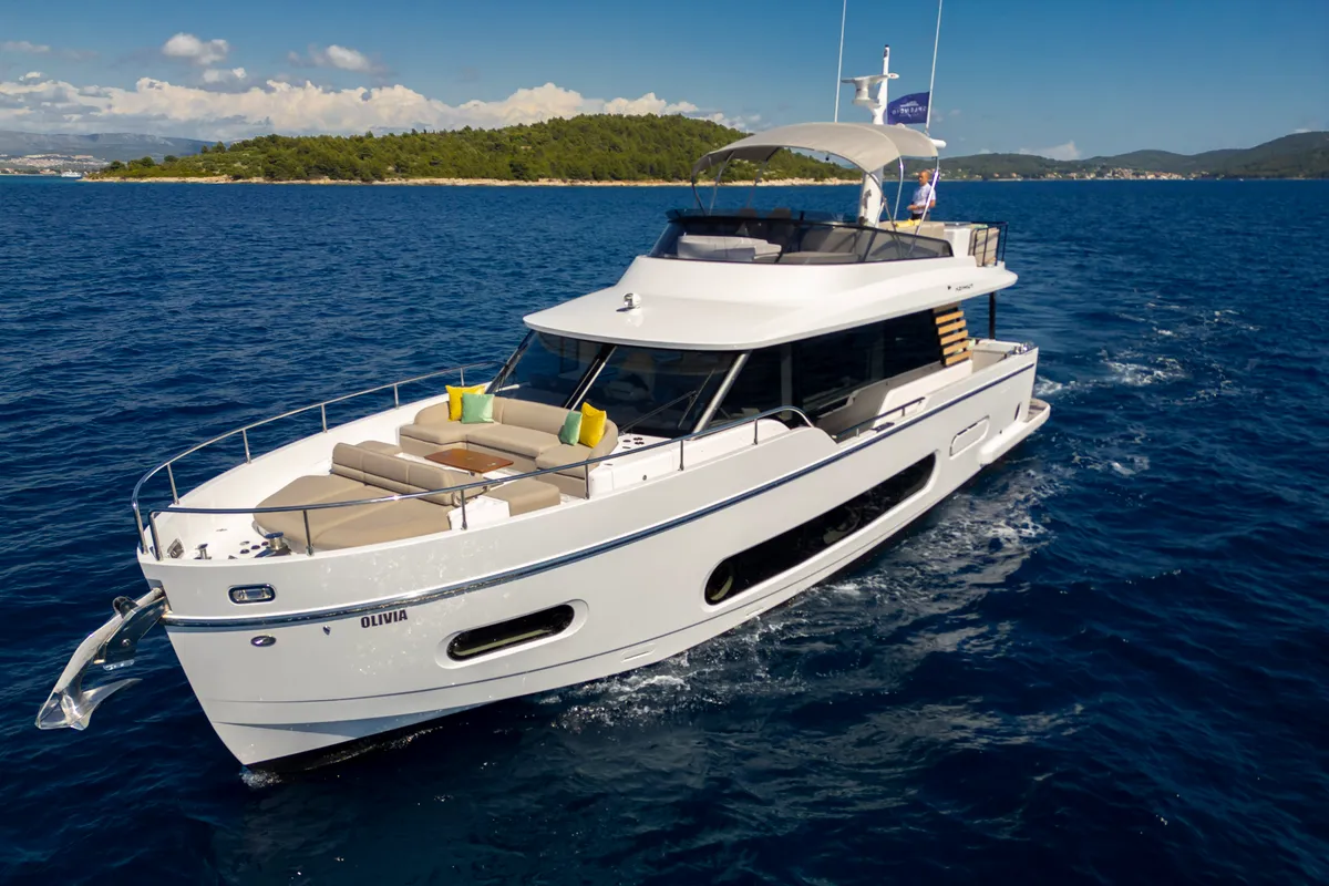 Exterior view of Olivia, a Azimut Magellano 60 motorboat at Grad Šibenik, Croatia