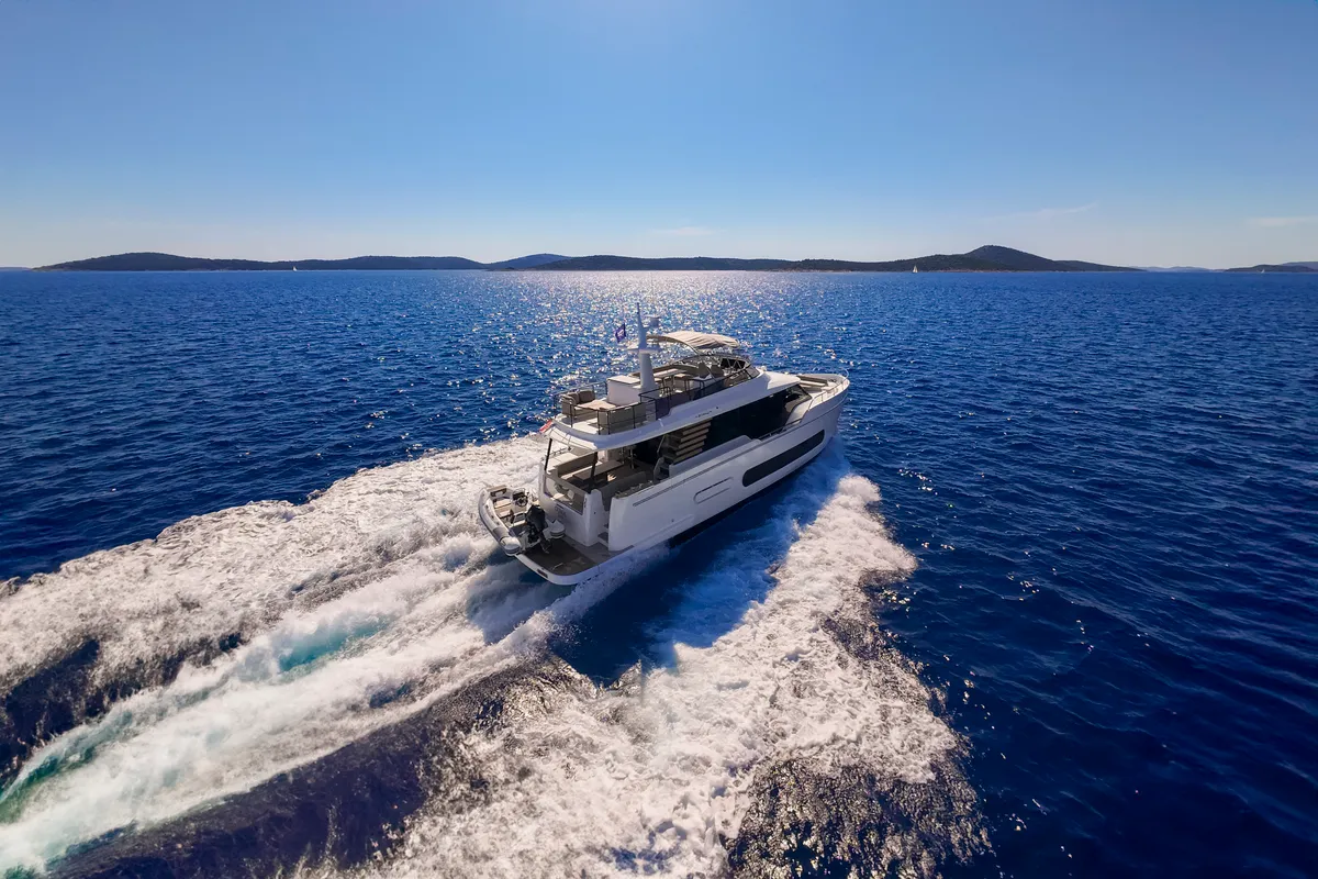 Exterior view of Olivia, a Azimut Magellano 60 motorboat at Grad Šibenik, Croatia