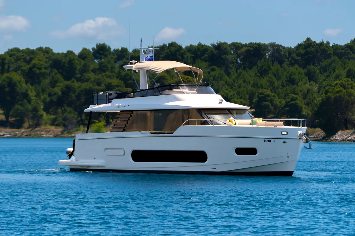 Exterior view of Olivia, a Azimut Magellano 60 motorboat at Grad Šibenik, Croatia