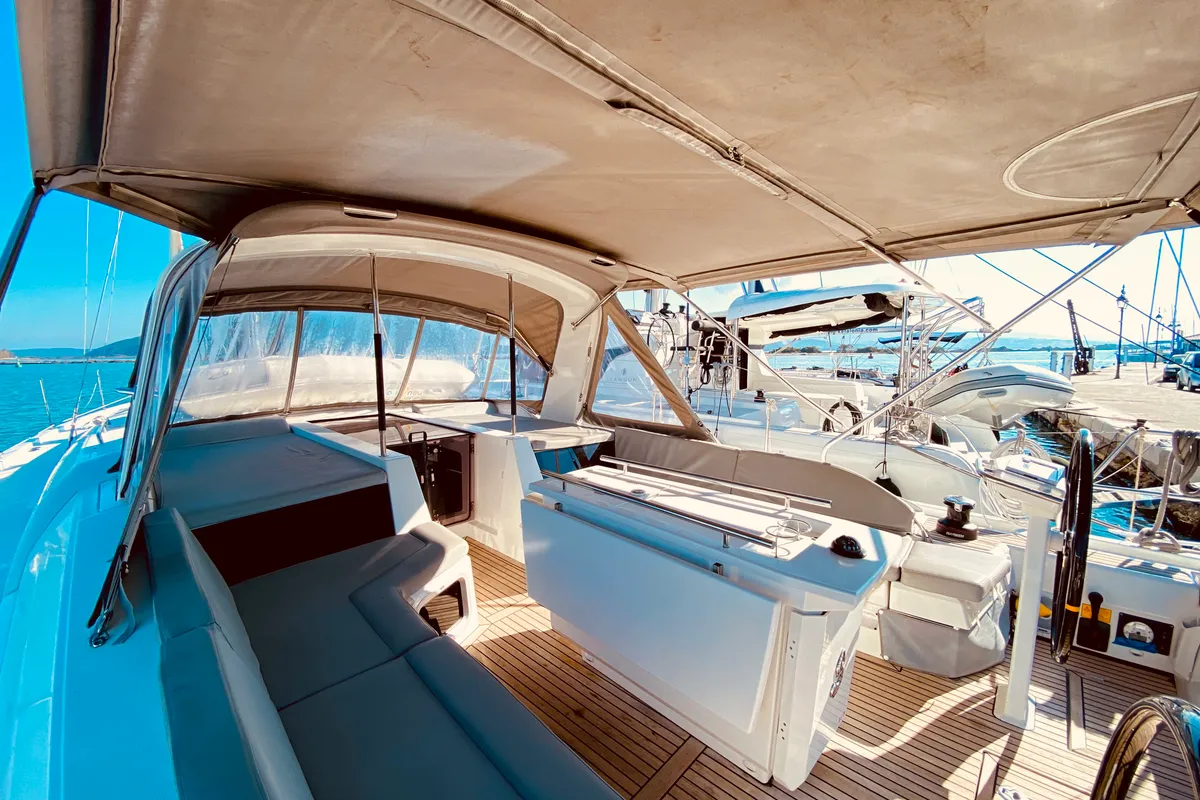 Deck of Vixen, a Beneteau Oceanis 51.1 sailboat at Municipal Unit of Lefkada, Greece