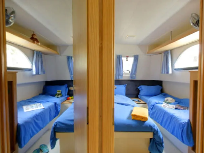 Cabin on Salsa B, a Cygnet Salsa B motorboat at Castelnaudary, France