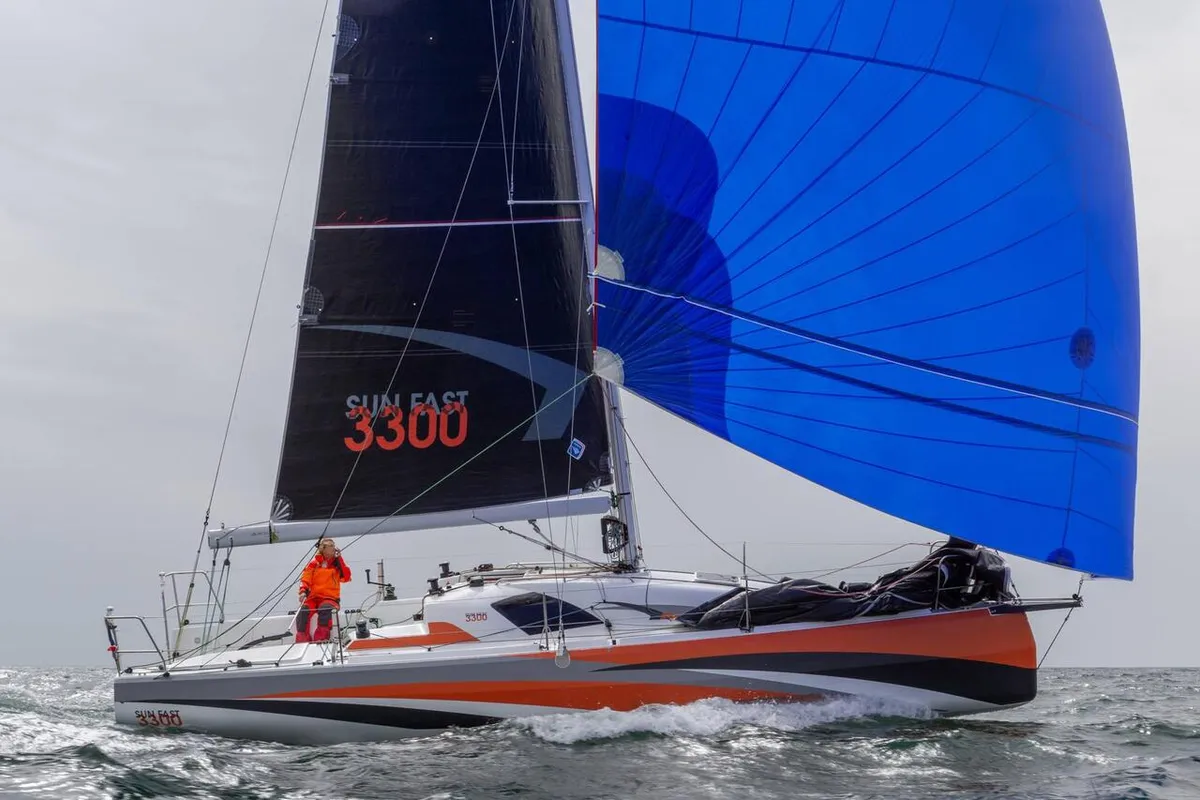Exterior view of JFF ONE, a Jeanneau Sun Fast 3300 sailboat at Heiligenhafen, Germany