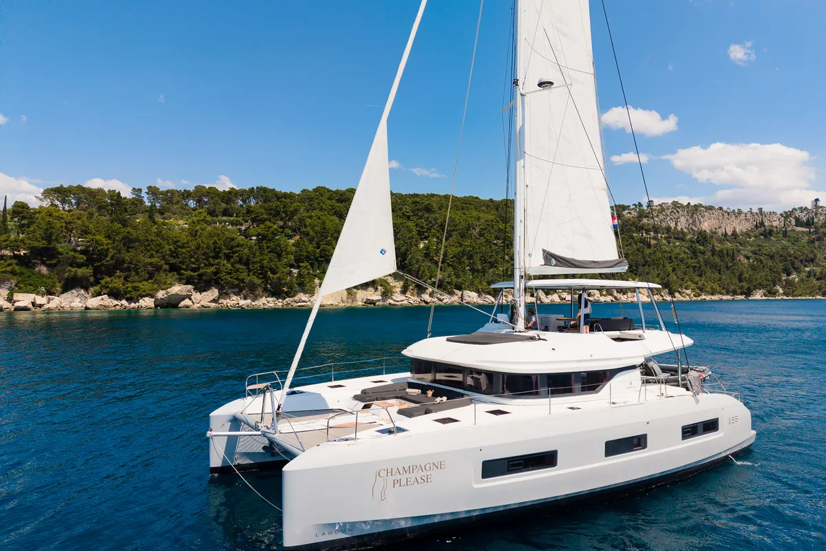 Exterior view of Champagne Please, a Lagoon 55 catamaran at Kaštela, Croatia