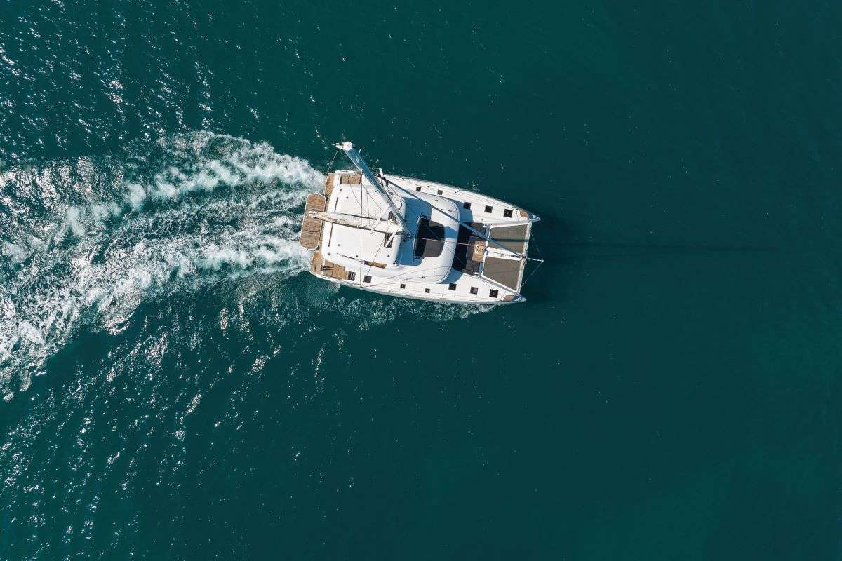 Exterior view of Champagne Please, a Lagoon 55 catamaran at Kaštela, Croatia