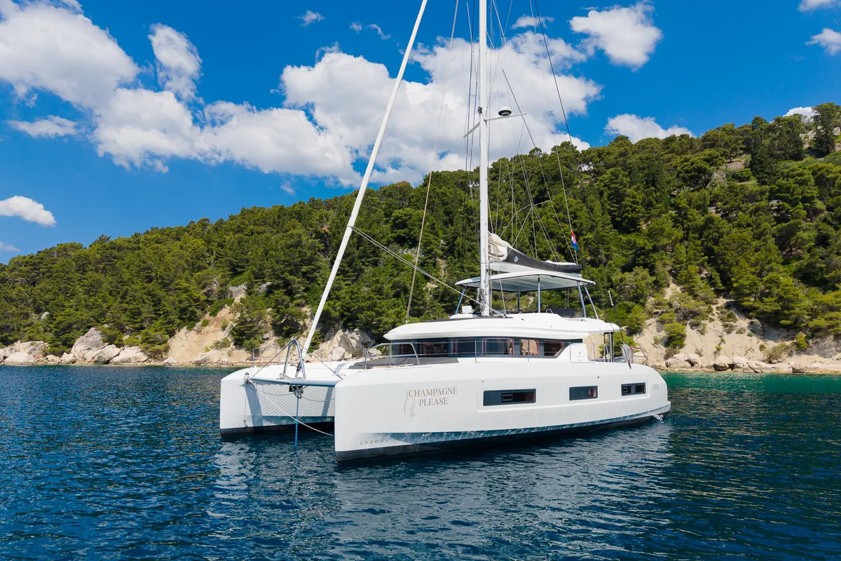 Exterior view of Champagne Please, a Lagoon 55 catamaran at Kaštela, Croatia