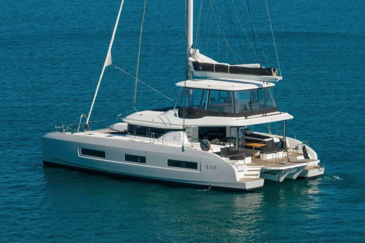 Cockpit of Champagne Please, a Lagoon 55 catamaran at Kaštela, Croatia