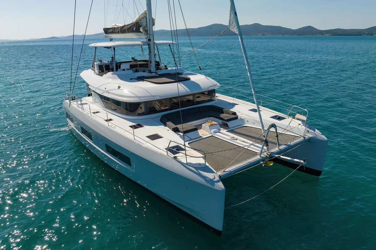 Exterior view of Champagne Please, a Lagoon 55 catamaran at Kaštela, Croatia