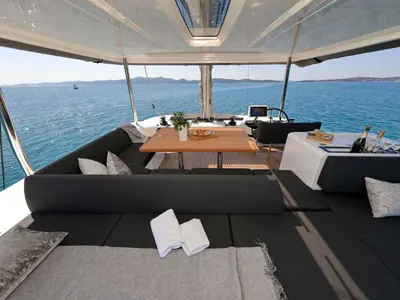 Deck of Champagne Please, a Lagoon 55 catamaran at Kaštela, Croatia