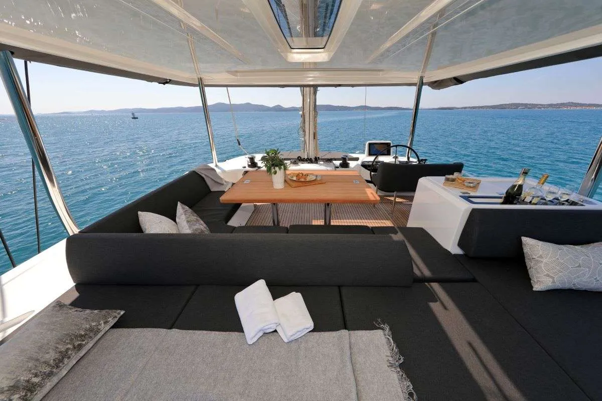 Deck of Champagne Please, a Lagoon 55 catamaran at Kaštela, Croatia