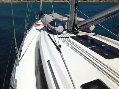 Deck of Sheratan, a Bavaria Cruiser 41 sailboat at Olbia, Italy