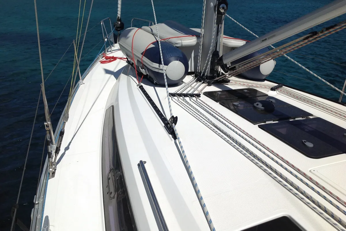 Deck of Sheratan, a Bavaria Cruiser 41 sailboat at Olbia, Italy