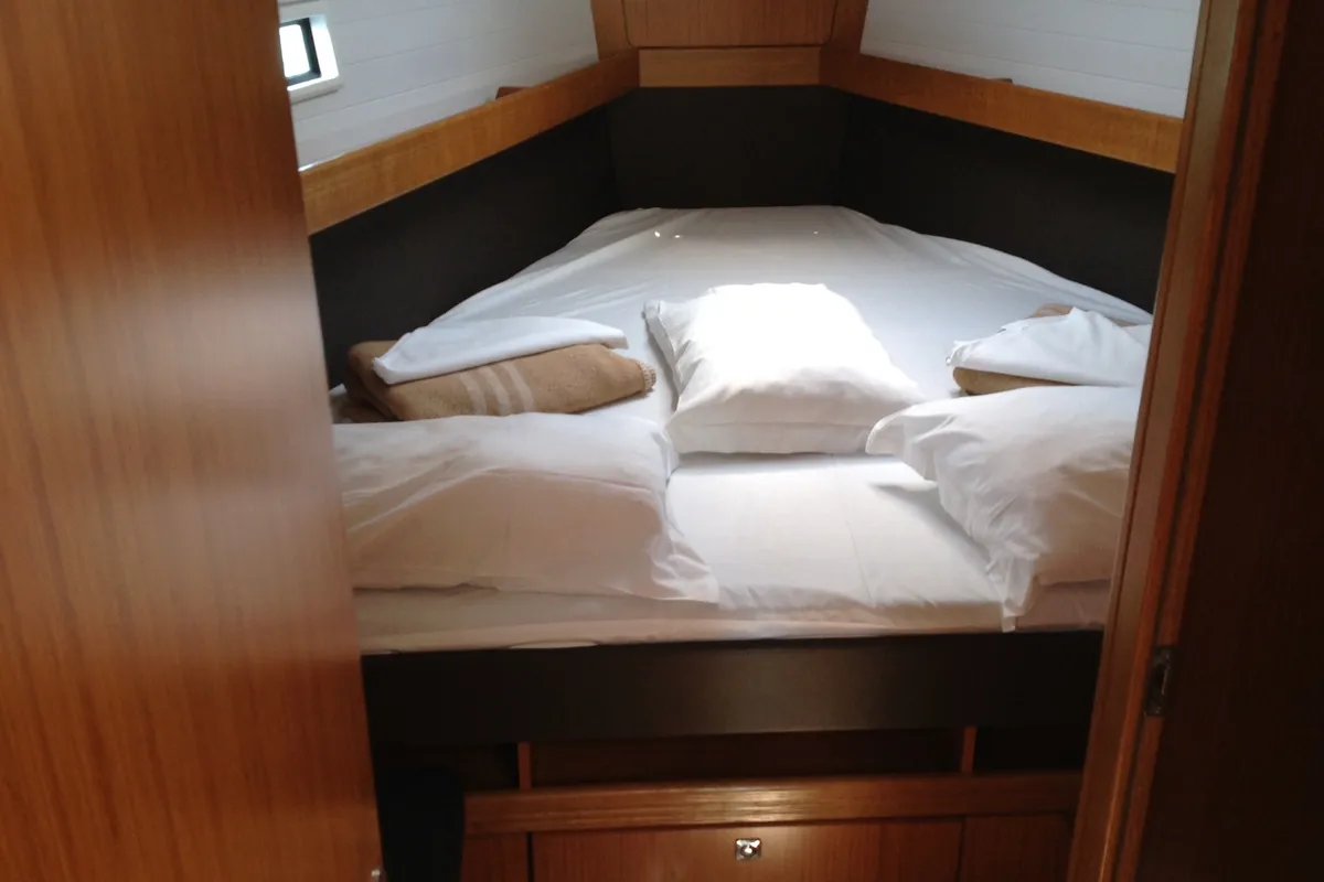 Cabin on Sheratan, a Bavaria Cruiser 41 sailboat at Olbia, Italy