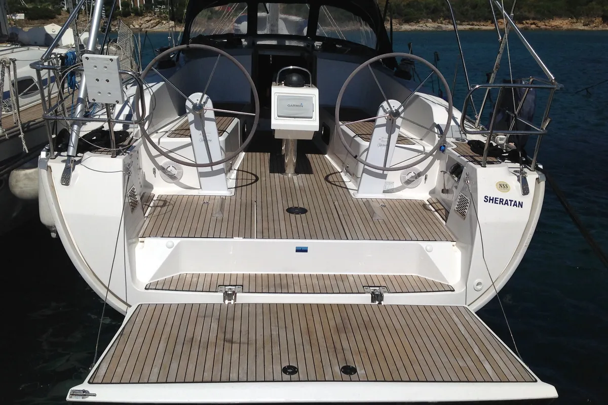 Deck of Sheratan, a Bavaria Cruiser 41 sailboat at Olbia, Italy